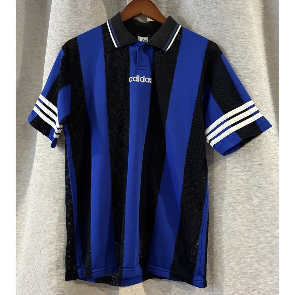 Vintage 90s Adidas Equipment Football Soccer Jersey Blue White Striped Shirt M-L